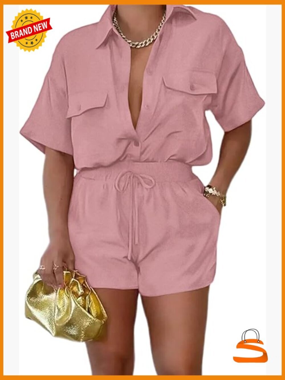 2 Piece Outfits Short Sleeve Button Down Top and Shorts Set with Pockets Romper